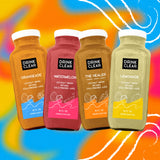 Drink Clear Brand Design: Juice Bottles with custom label design on the brand's pattern as a background.